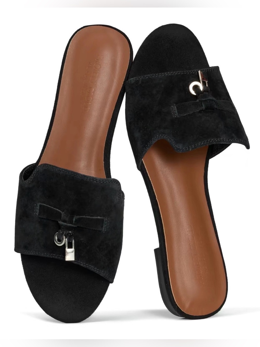 Project Cloud Black Suede Slide Sandals with Decorative Hardware - Women Sz 7